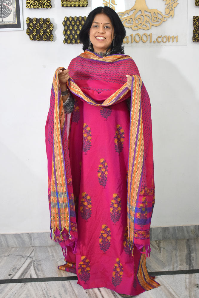 Beautiful Handwoven Cotton suit with Hand block print Dupatta