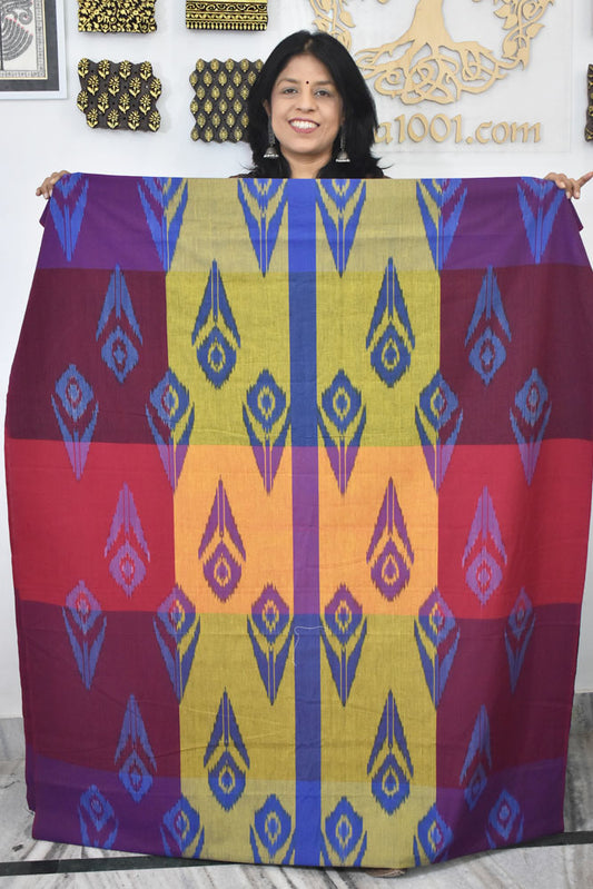 Multicolor Ikat Cotton Handloom 2.5mts Fabric with Uzbekistan Pattern Design