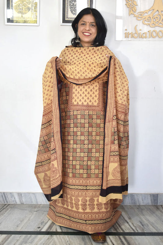 Bagh Hand Block Printed unstitched 3 pc Cotton suit fabric with Placement block print from MP