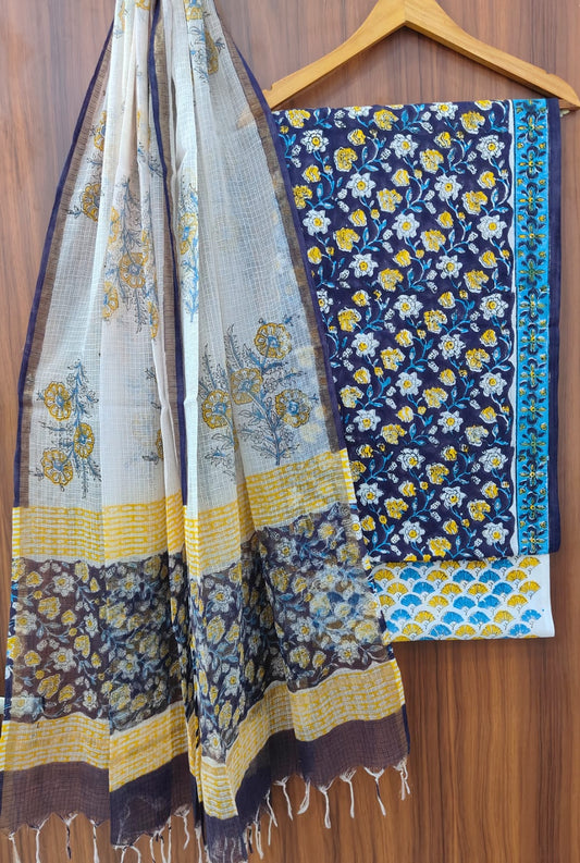 Beautiful Hand Block Printed Cotton unstitched suit fabric with Kota Doria Dupatta
