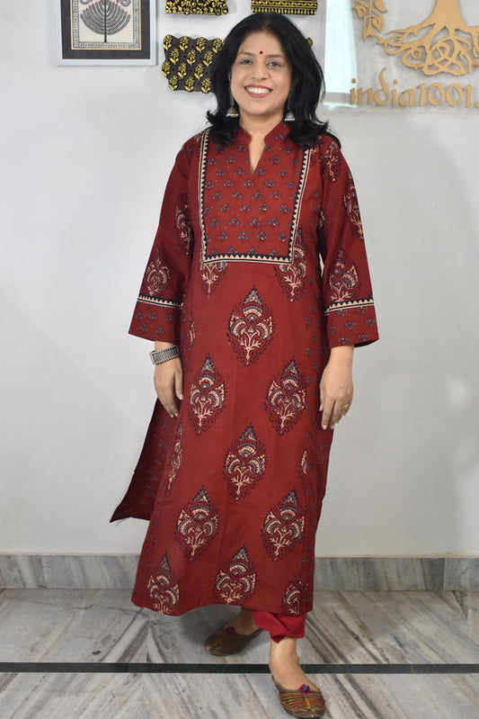 Designer Hand Block Printed Ajrakh cotton Kurta / Dress - Size 38 to 46 ( all sizes)