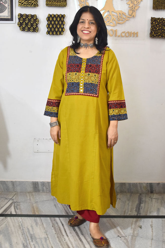 Designer Cotton Kurta with Ajrakh Patch & mirror work  - Size 38 to 46 ( all sizes)