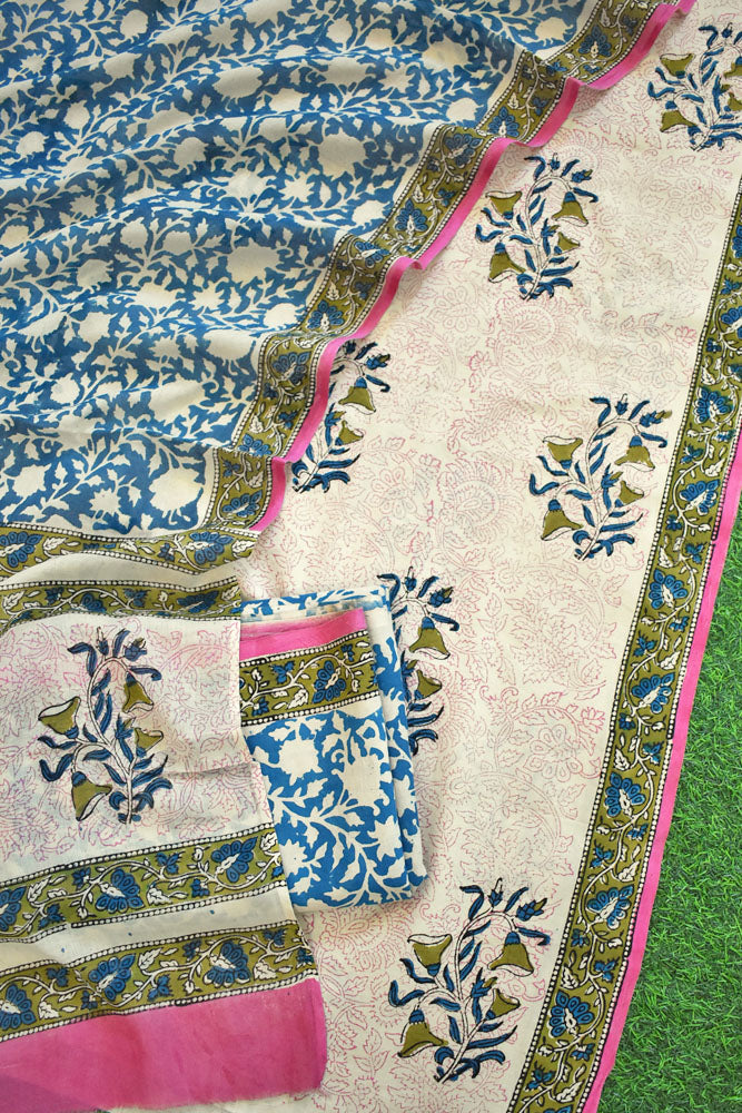 Earthy Hand Block Printed Cotton unstitched suit fabric with Soft Cotton dupatta