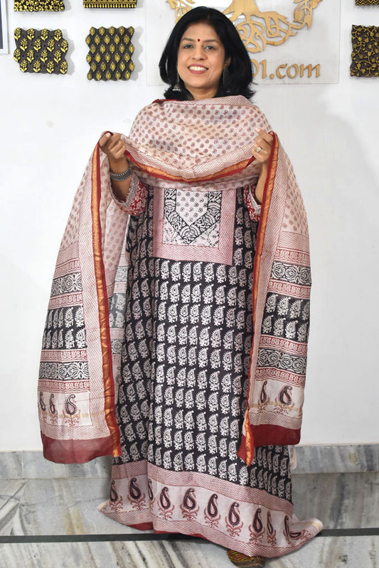 Bagh Hand Block Printed unstitched 3 pcs Handwoven Chanderi suit fabric with Zari borders