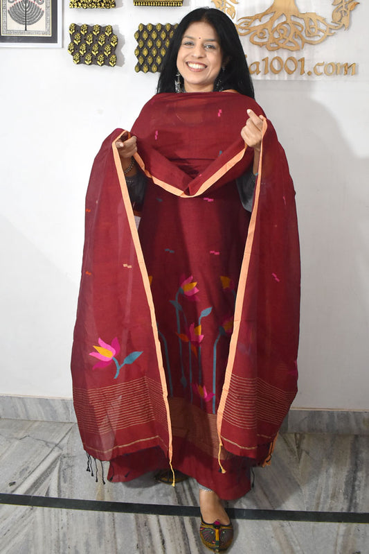 Kalakriti : Beautiful Hand Woven Soft Cotton Needle Jamdani Kurta Fabric & Dupatta set
