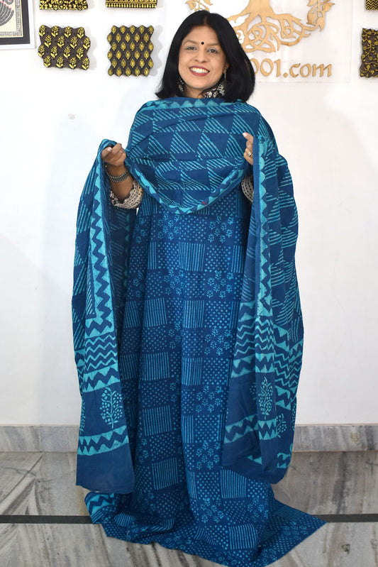 Elegant Dabu Block Printed unstitched suit fabric with Cotton dupatta