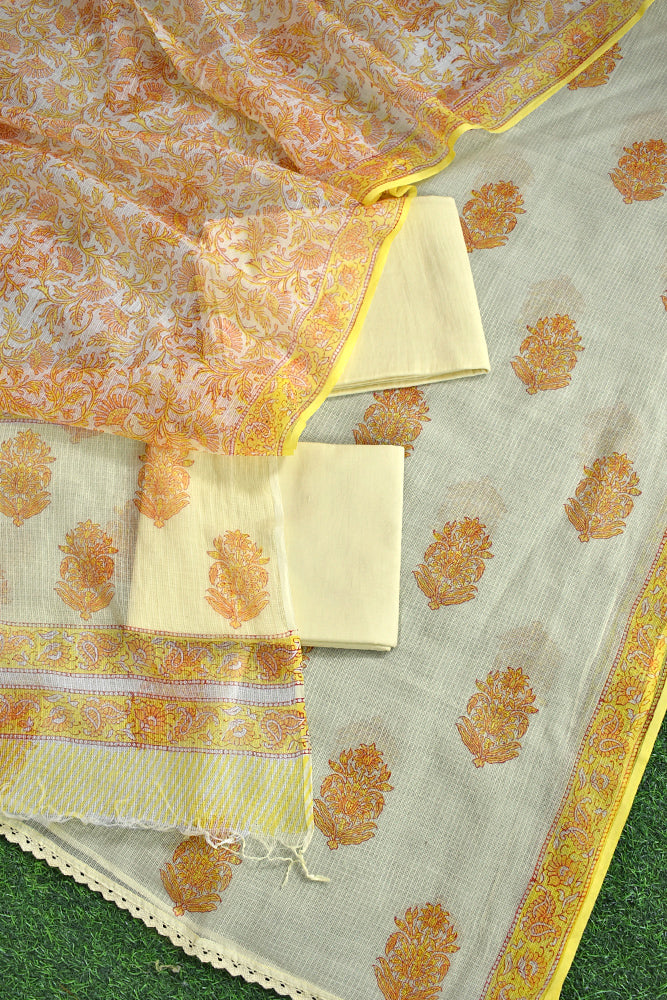 Elegant Hand Block Printed Kota cotton Unstitched suit with Cotton Lining & bottom - 4 pc set