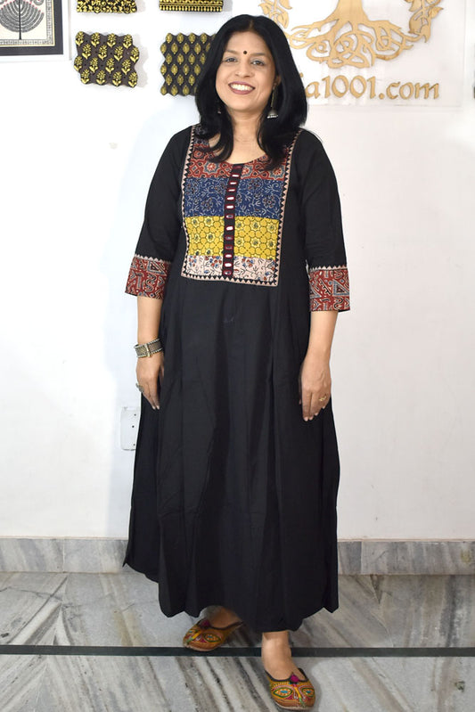 Designer Hand Block Printed Ajrakh cotton Kurta With Mirror Work - Size 38 to 46 ( all sizes)
