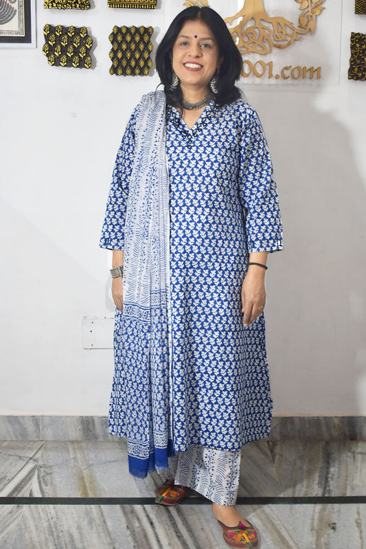 Beautiful Hand Block print Cotton suit with Kutch Mirror Work & Cotton Dupatta