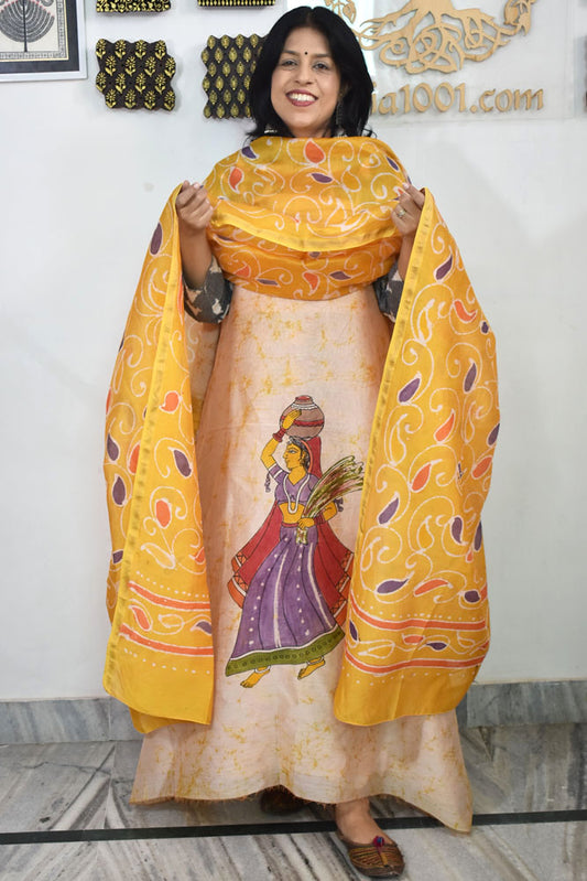 Elegant Handwoven Maheshwari silkcotton kurta fabric & dupatta set with  Wax Batik work