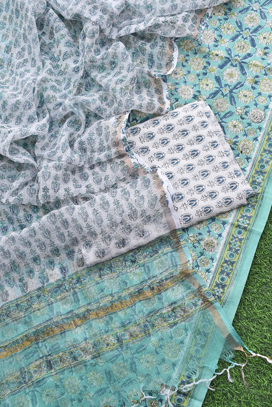 Beautiful Hand Block Printed Cotton unstitched suit fabric with Kota Doria Dupatta