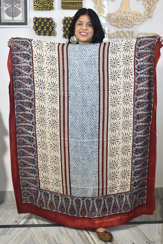 Designer Modal Silk Ajrakh Hand Block Print  Kurta Fabric - 2.5 mtrs cut