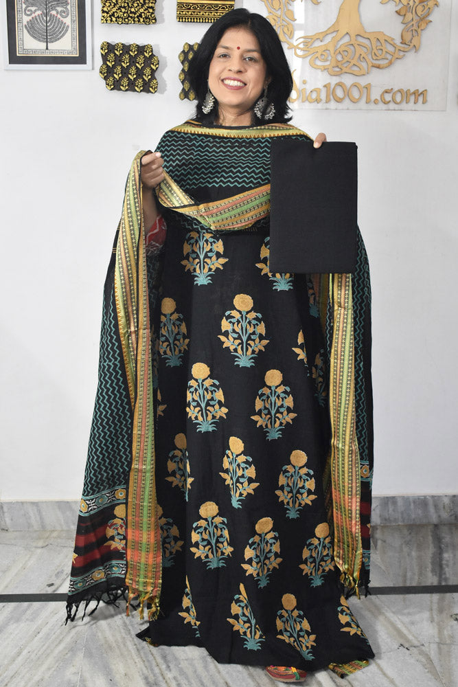 Beautiful Handwoven Chettinad Cotton suit with Hand block print Dupatta