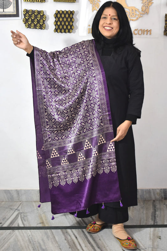 Beautiful Hand Block Printed Ajrakh Mashru Silk stole with Mirror Work