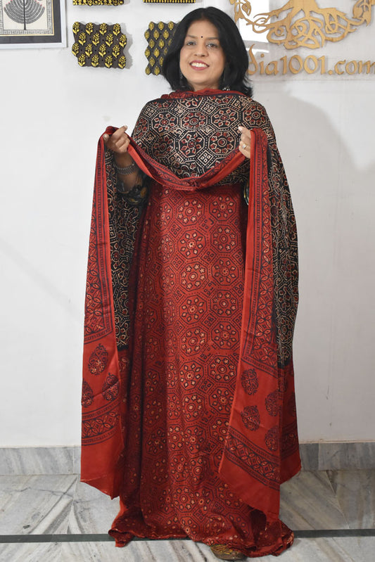 Beautiful Vanaspati Ajrakh Hand Block Printed Modal Silk set