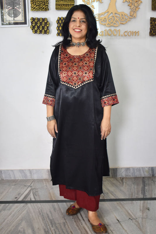 Beautiful Mashru Silk Kurta with Ajrakh patch & Kutch mirror work size - 38-44