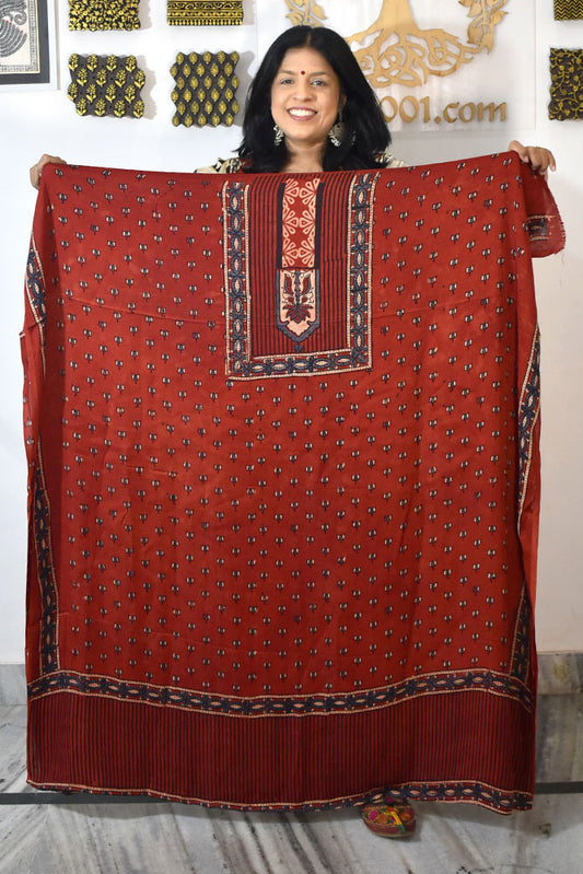 Designer Modal Silk Ajrakh Hand Block Print  Kurta Fabric - 2.5 mtrs cut