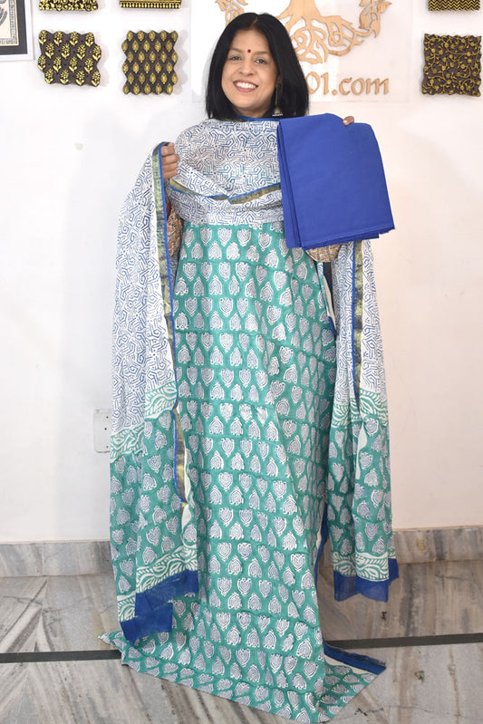 Beautiful Hand Block Printed Cotton unstitched suit fabric with Woven Borders Cotton dupatta
