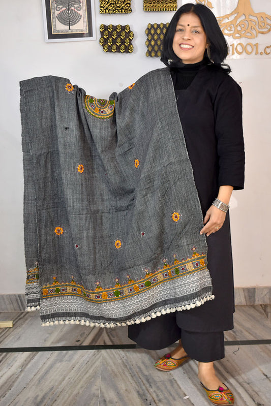 Handwoven Bhujodi Intricate Hand Embroidery & Hand  Mirror Work Woolen  Shawl