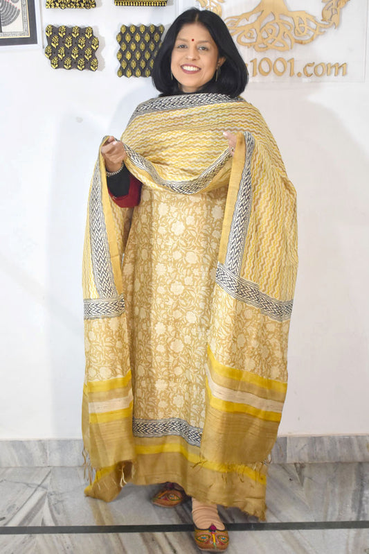 Beautiful Hand Block printed Tussar Pashmina Kurta Dupatta Set
