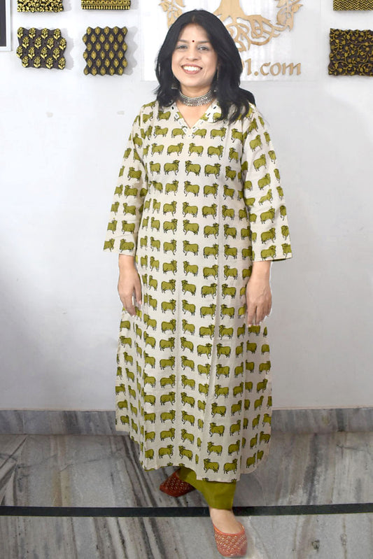Elegant Hand Block Printed Cotton Set With Mirror Work ( Top & Pant) Size 38 - 48