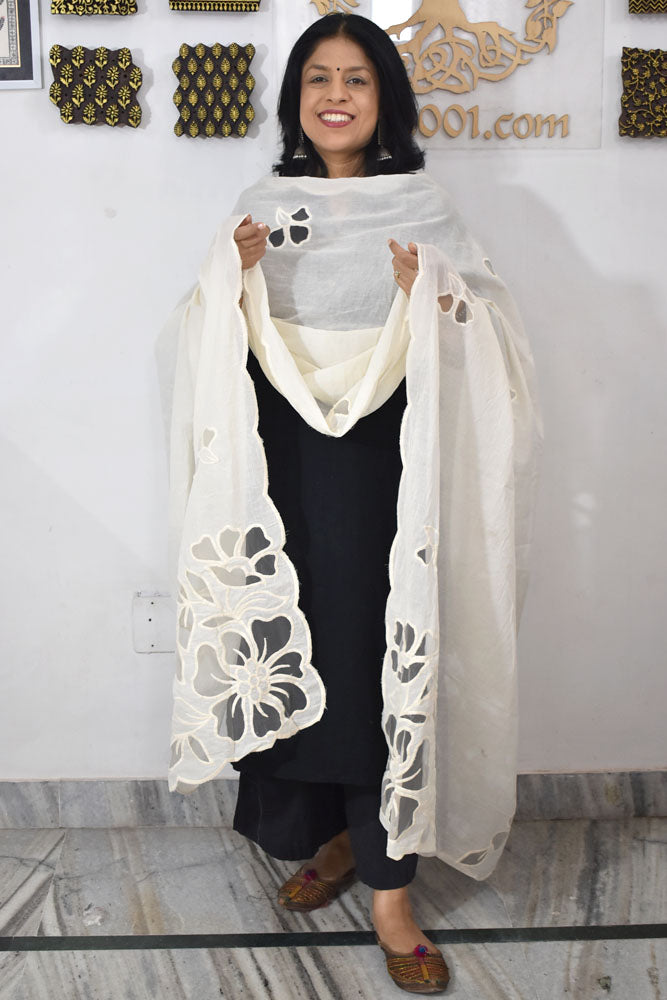 Gorgeous Cutwork & Embroidered Cotton Cream Dupatta