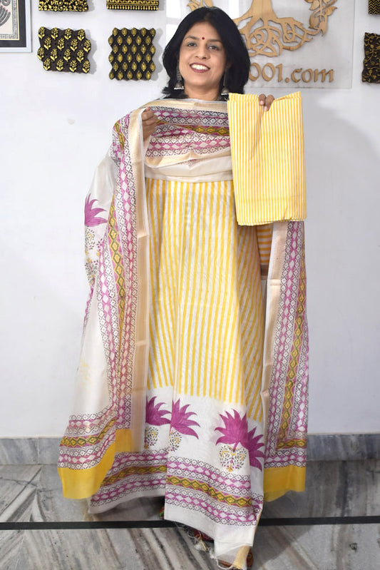 Beautiful Hand Block Printed Maheshwari Silk Cotton Unstitched suit fabric - 3 pc set
