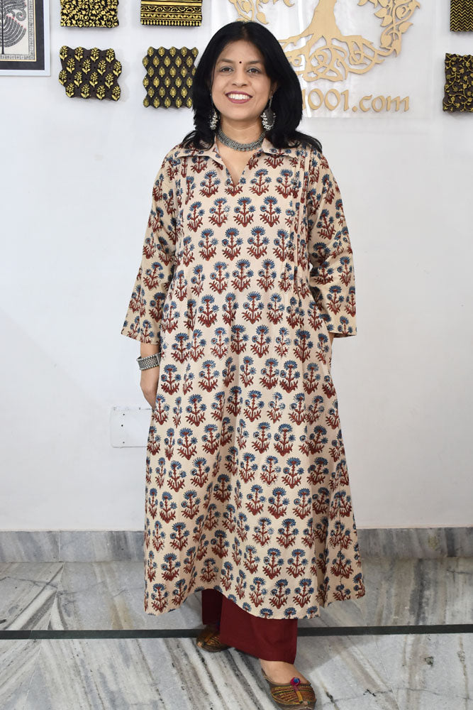 Designer Hand Block Printed Ajrakh cotton Kurta / Dress - Size 38 to 46 ( all sizes)