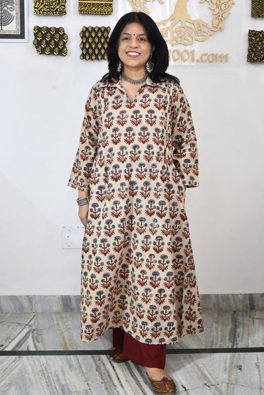Designer Hand Block Printed Ajrakh cotton Kurta / Dress - Size 38 to 46 ( all sizes)