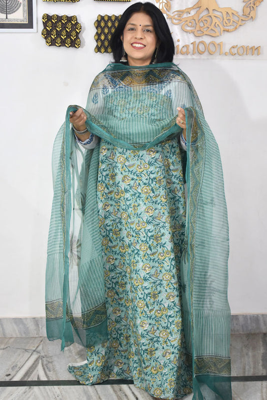 Designer Hand Block Placement Print Cotton suit with Kota dupatta and panel design