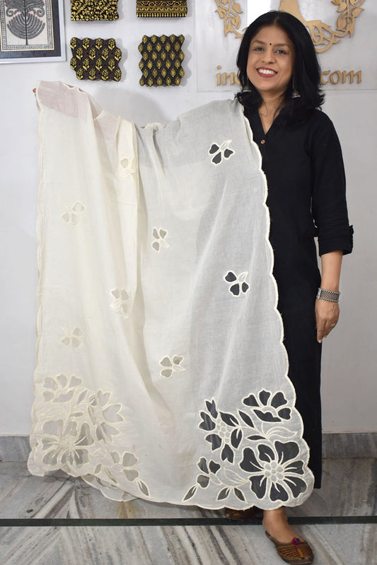 Gorgeous Cutwork & Embroidered Cotton Cream Dupatta