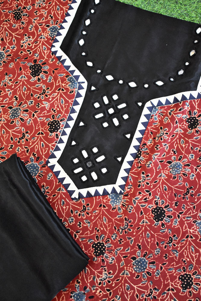 Mashru Pattern Designer Ajrakh Mashru Kurta Fabric with Kutch Mirror Work patch & Pla ...