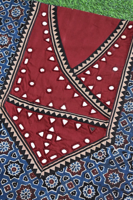 Designer Ajrakh Cotton Short Kurta Fabric with Kutch Mirror Work patch
