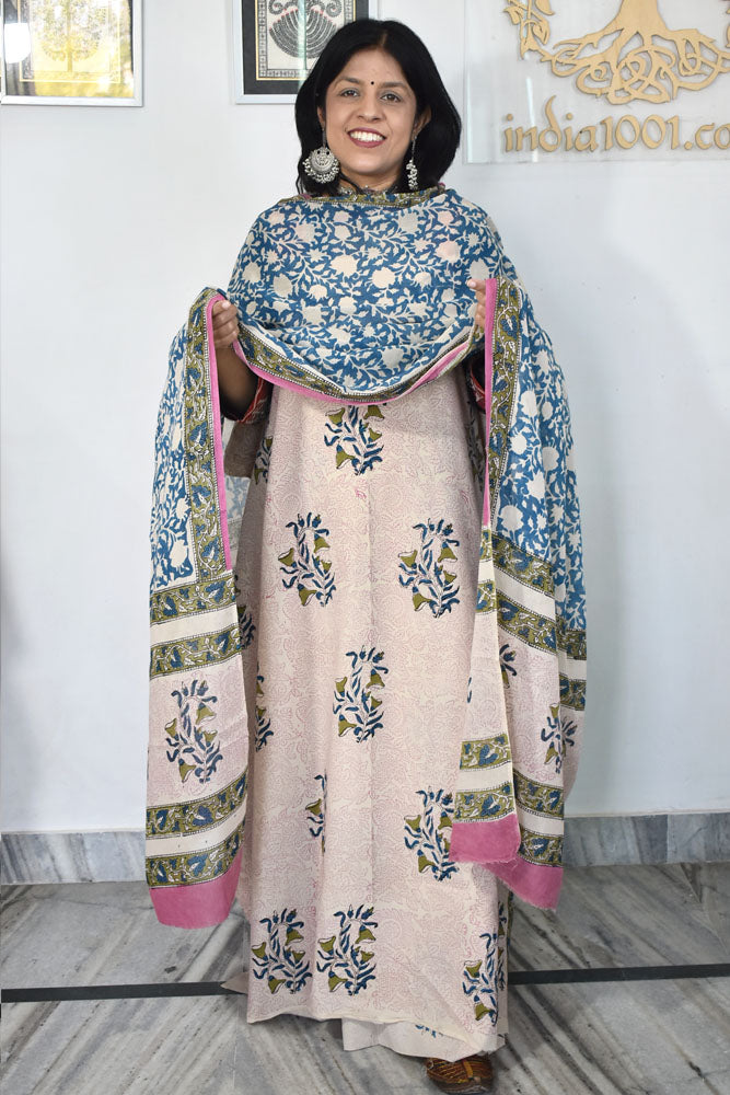 Earthy Hand Block Printed Cotton unstitched suit fabric with Soft Cotton dupatta