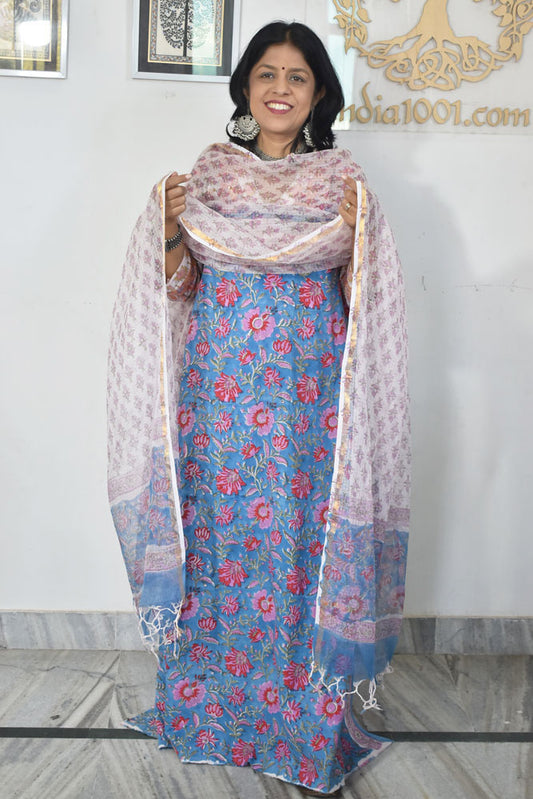 Beautiful Hand Block Printed Cotton unstitched suit fabric with Kota Doria Dupatta
