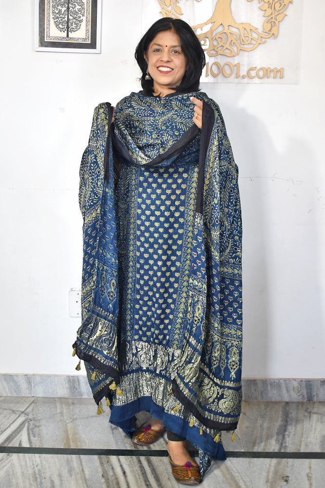 Designer Ajrakh Modal Silk kurta &  dupatta  set with Nakkshi palla