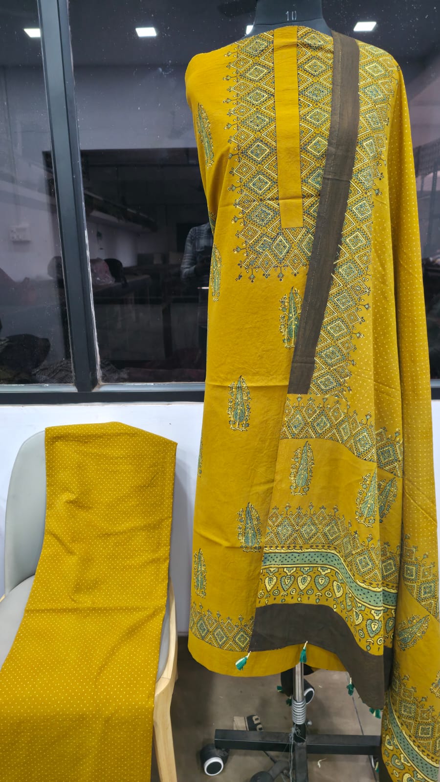 Designer Ajrakh Cotton Unstitched suit with  panel design, Ajrakh Dupatta & Bottom- 3 piece set