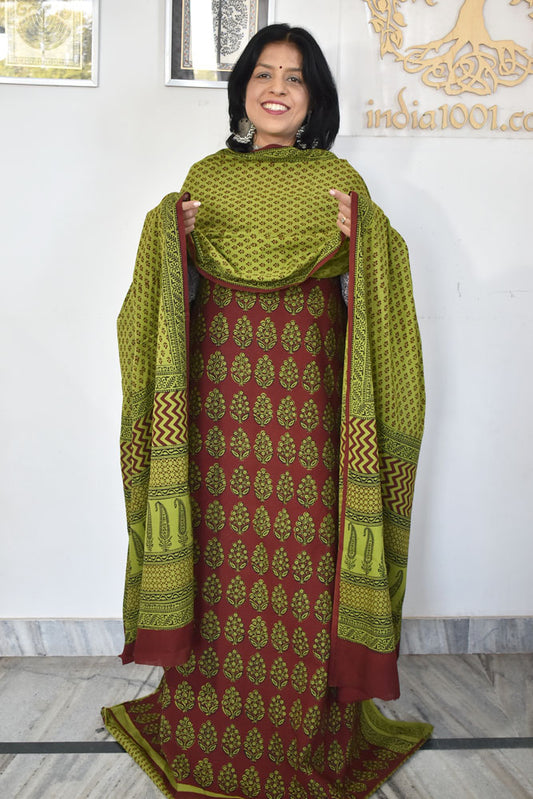 Bagh Hand Block Printed unstitched 3 pc Cotton suit fabric from MP