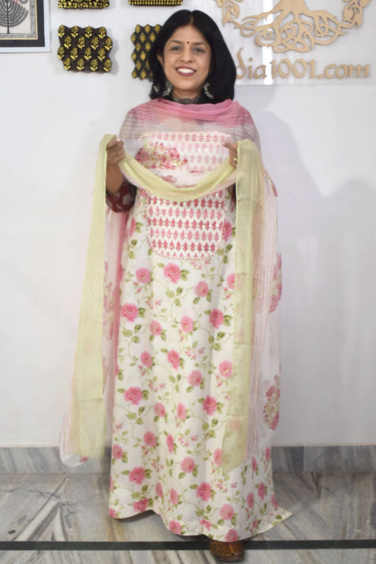 Premium Cotton Unstitched Suit with Neck patch, Intricate Hand Embroidery & Block print dupatta