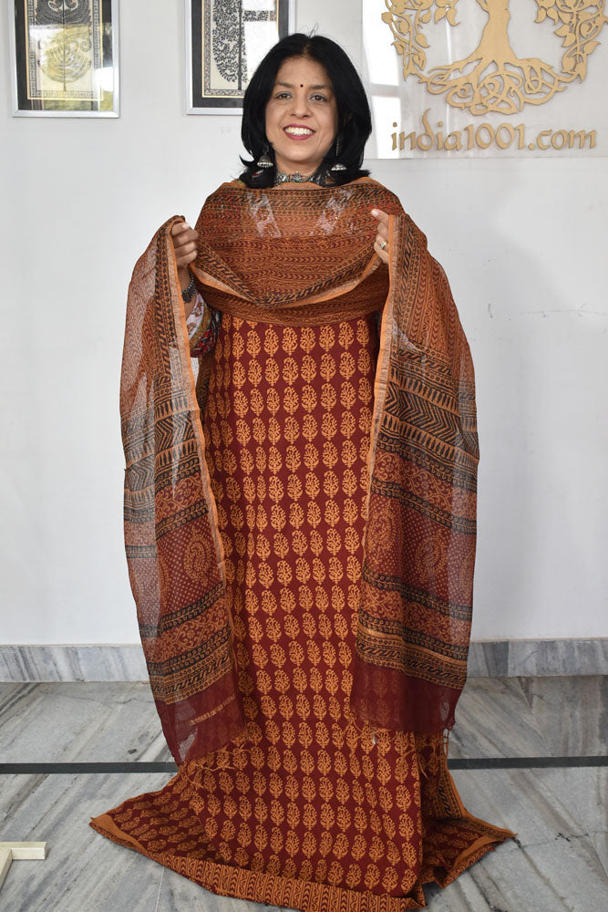 Classic Bagh Block Printed unstitched suit fabric with Kota Doria dupatta