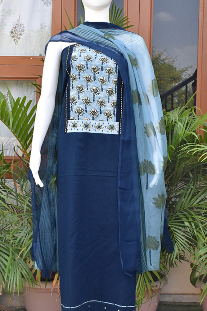 Premium Cotton Unstitched Suit with Dabu Ajrakh patch , Intricate Hand Embroidery, mirror & sequin work & chiffon dupatta