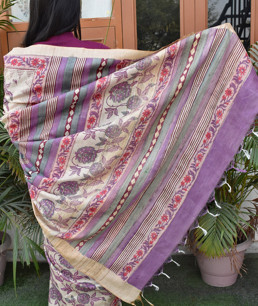 Elegant Hand  Block Printed Moonga Tussar Silk Saree