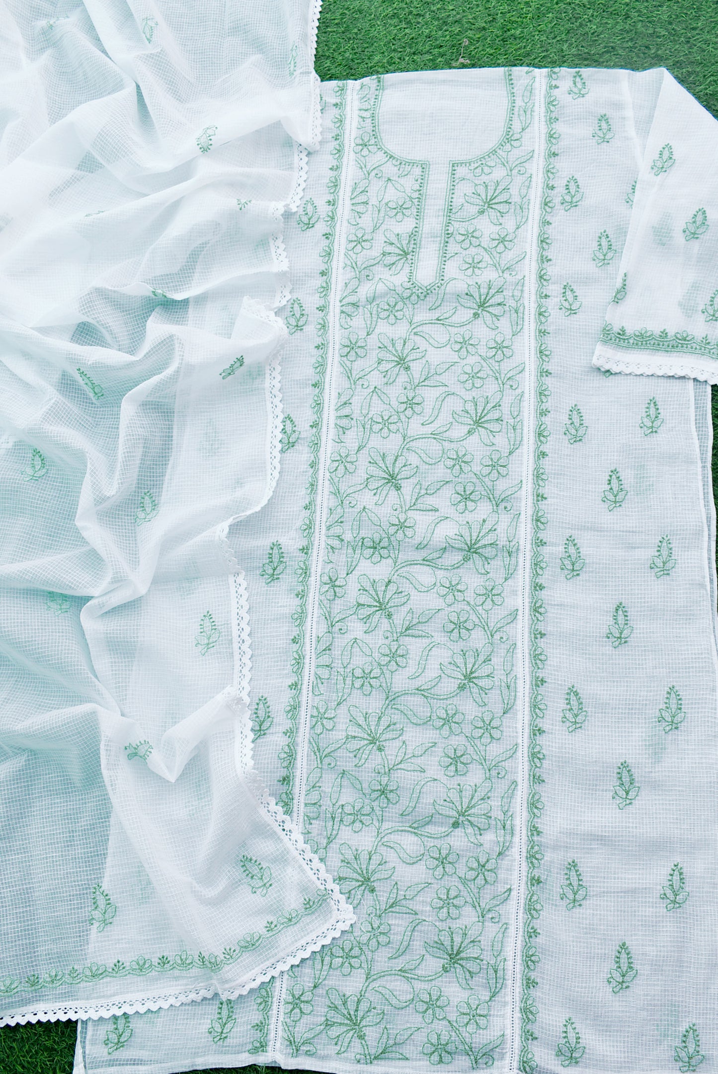 Elegant Kota Kurta & Dupatta Set with intricate Lucknowi Hand Chikankari embroidery - thread color green