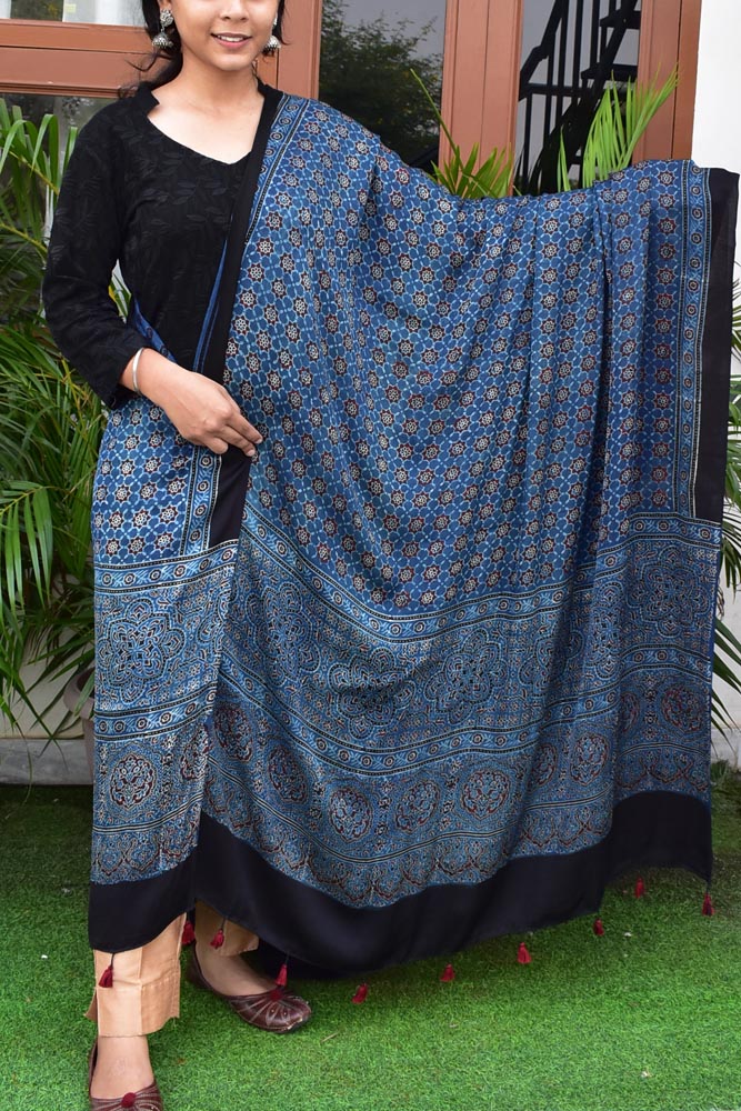 Elegant Modal Silk Ajrakh Block Print Dupatta with tassels
