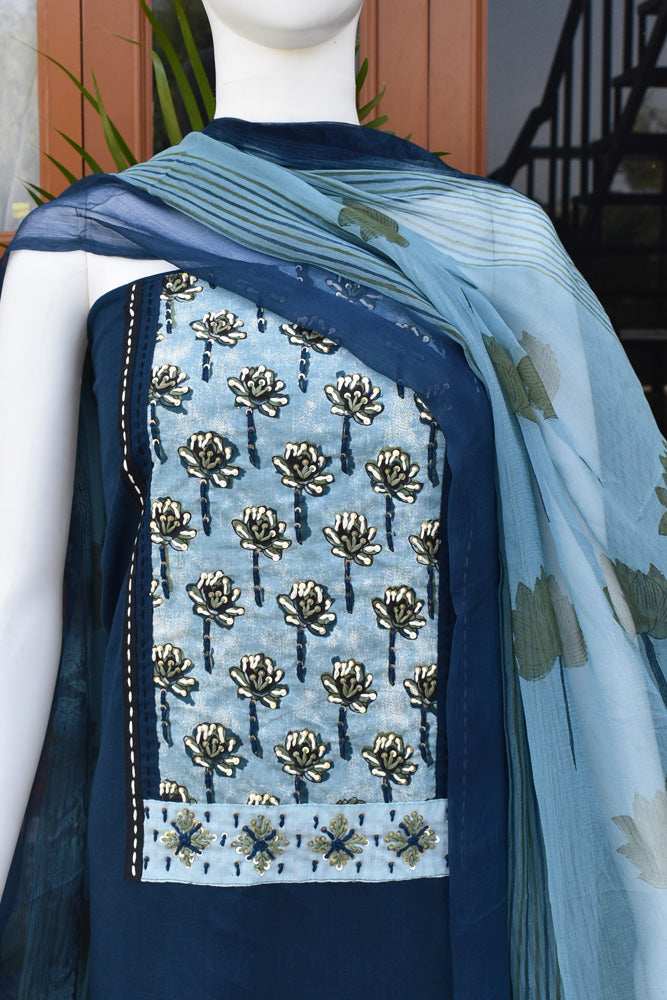 Premium Cotton Unstitched Suit with Dabu Ajrakh patch , Intricate Hand Embroidery, mirror & sequin work & chiffon dupatta