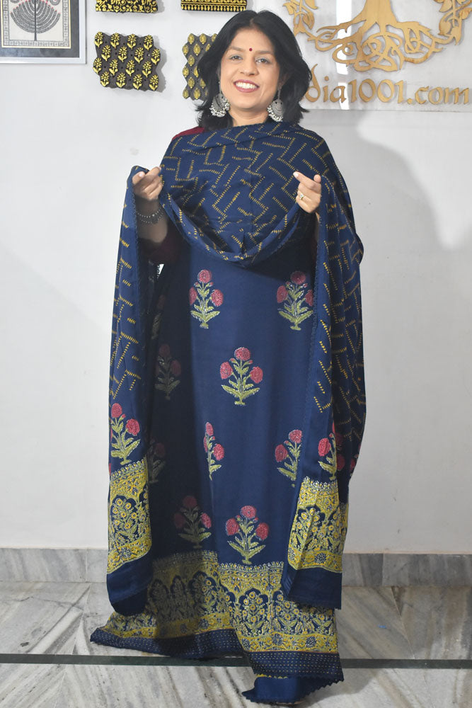 Elegant Modal Silk Hand Block Print Unstitched suit