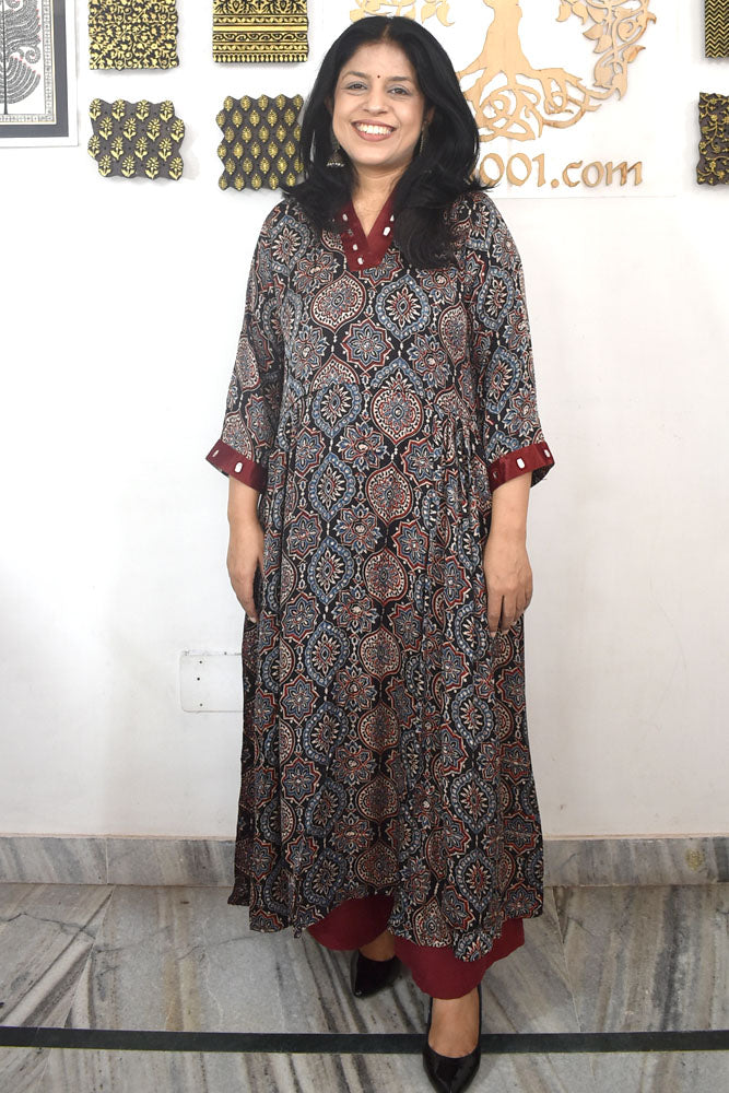 Beautiful Hand Block Printed Ajrakh Modal Silk Kurta With Mirror Work, Size 38 to 48