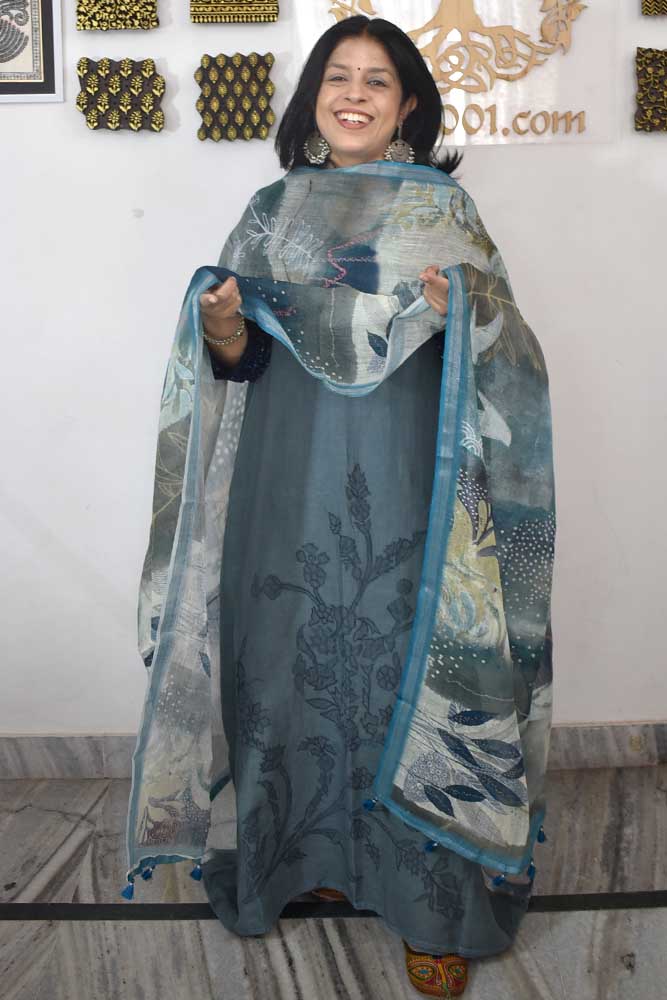 Dhairya : Beautiful Pure Linen suit with Digital print , intricate embroidery and cotton silk bottom