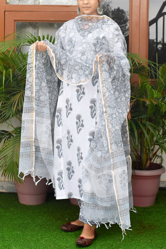 Hand Block Printed & Hand Embroidered Cotton suit with side pleats & Afghani pant - Kurta , Dupatta & Pant - size 44