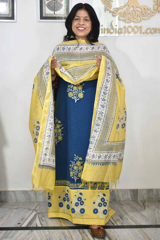 Elegant Hand Block print cotton suit with Schiffli work & Chanderi dupatta